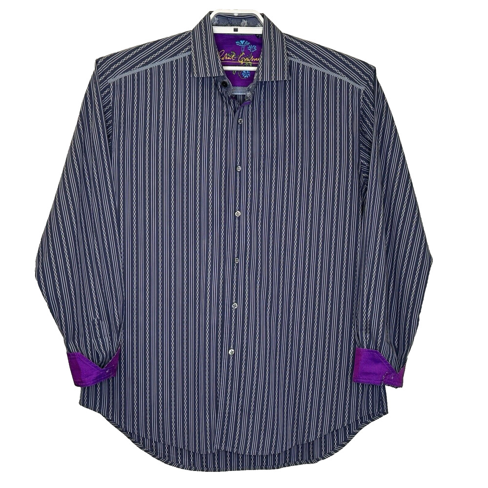 Robert Graham Mens‎ Shirt Sz Large Blue Stripe Long Sleeve Contrast Silk Cuff
